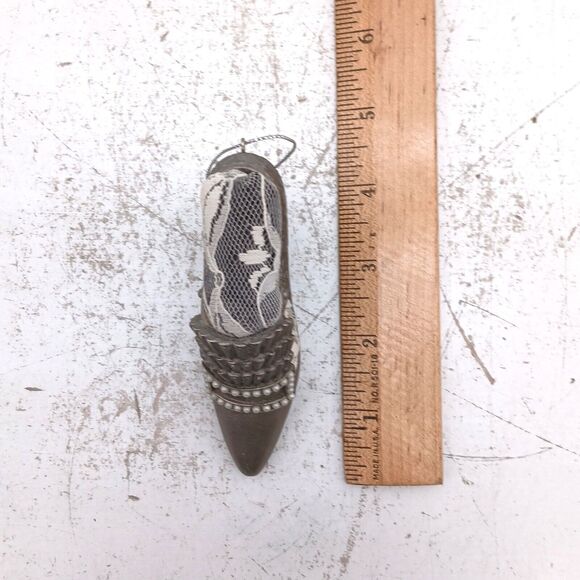 Vintage Metal Shoe Pin Cushion Ornament Beaded w/ White White Faux Pearl - Picture 11 of 12